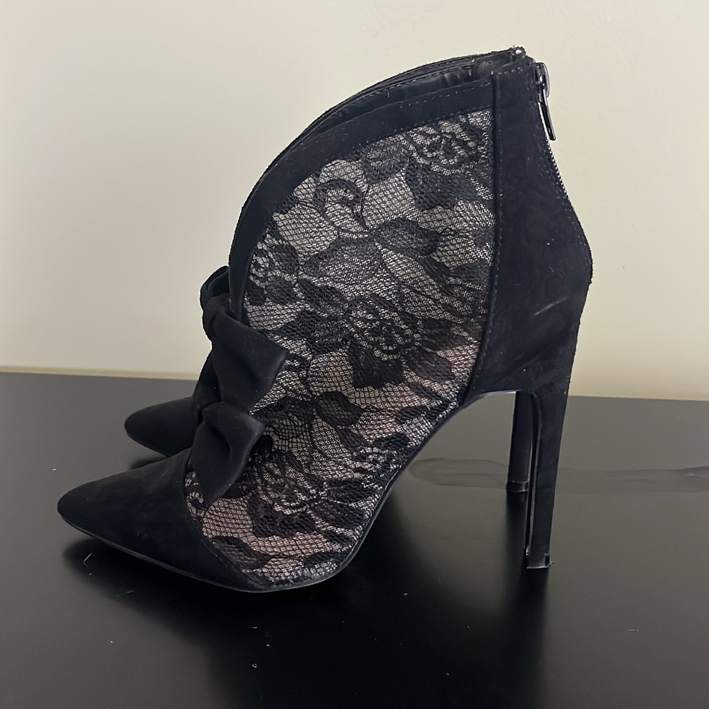 Madison by Shoedazzle Alanna high heel black suede lace booties back zip - Picture 6 of 11